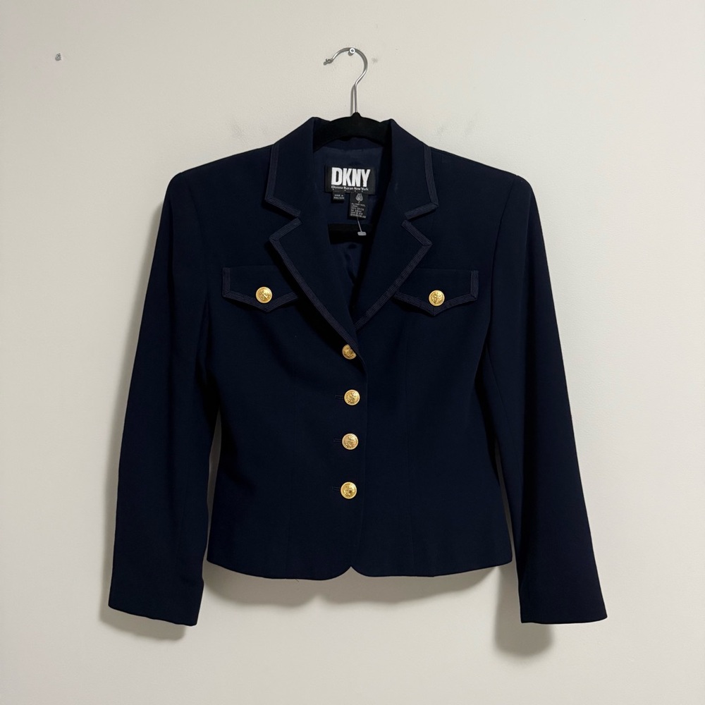 DKNY Wool Military Cropped Blazer Navy 2 Womens Vintage